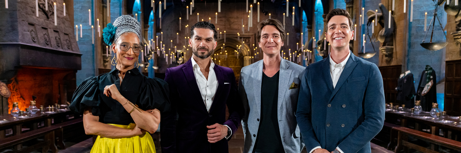 Judges Carla Hall and Jozef Youssef join hosts James and Oliver Phelps in the Great Hall