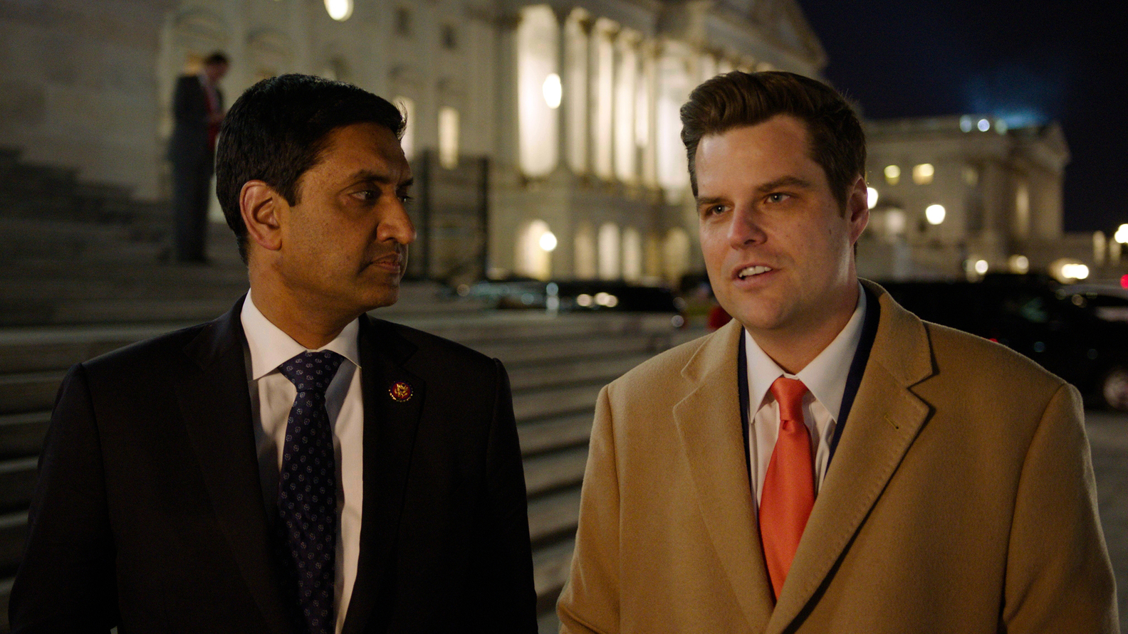 Rep. Ro Khanna (D-CA) and Rep. Matt Gaetz (R-FL) on the steps of the Capitol discussing how they voted on the NDAA