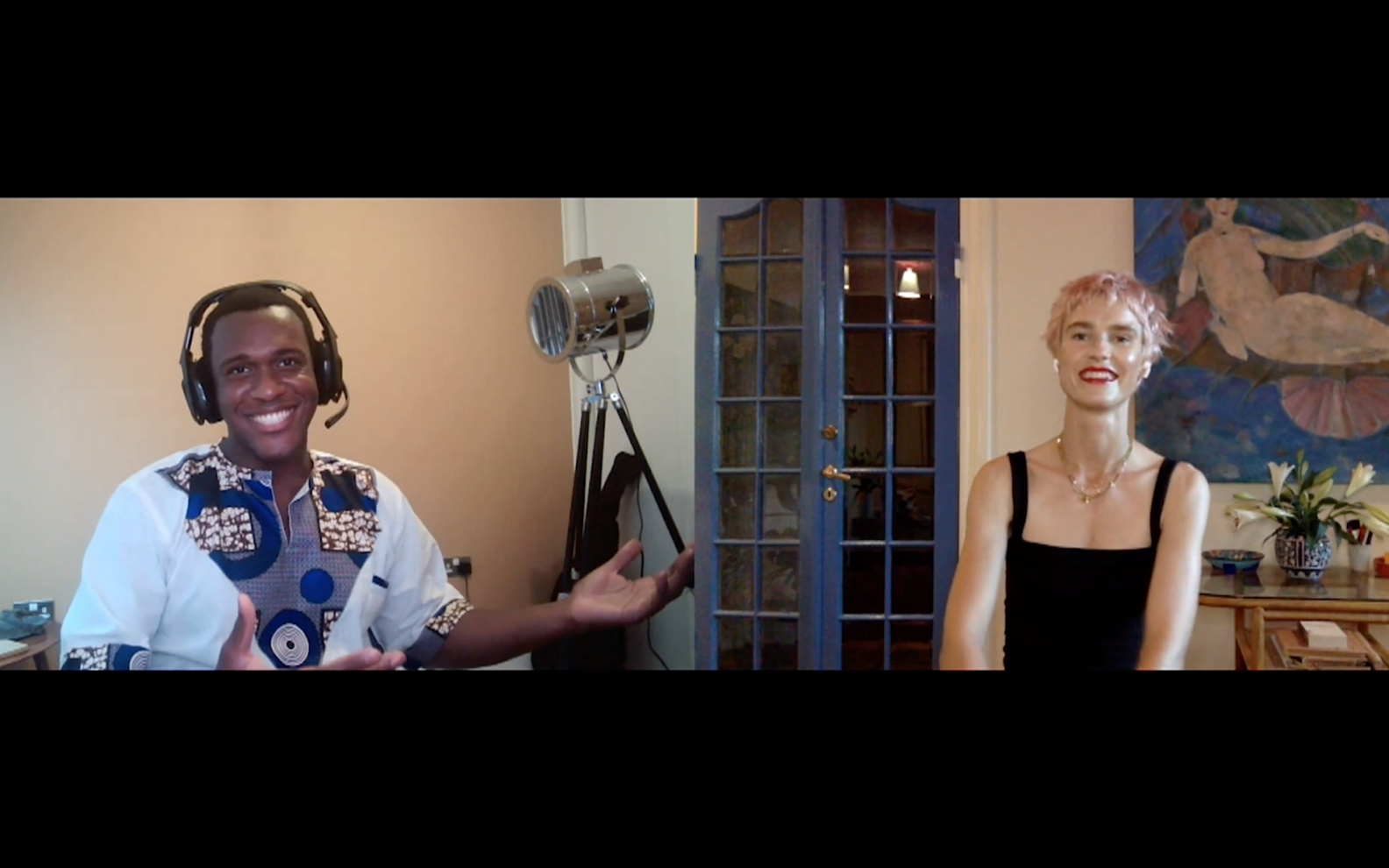 Abubakar Salim and Amanda Collin at the Raised by Wolves Virtual Premiere