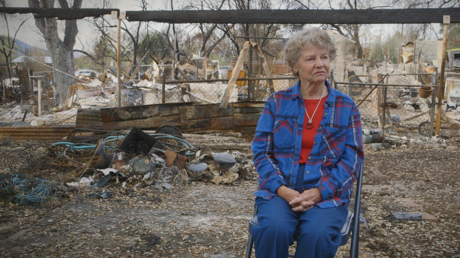 Leona Mote, Upper Ojai resident in front of the remains of her house