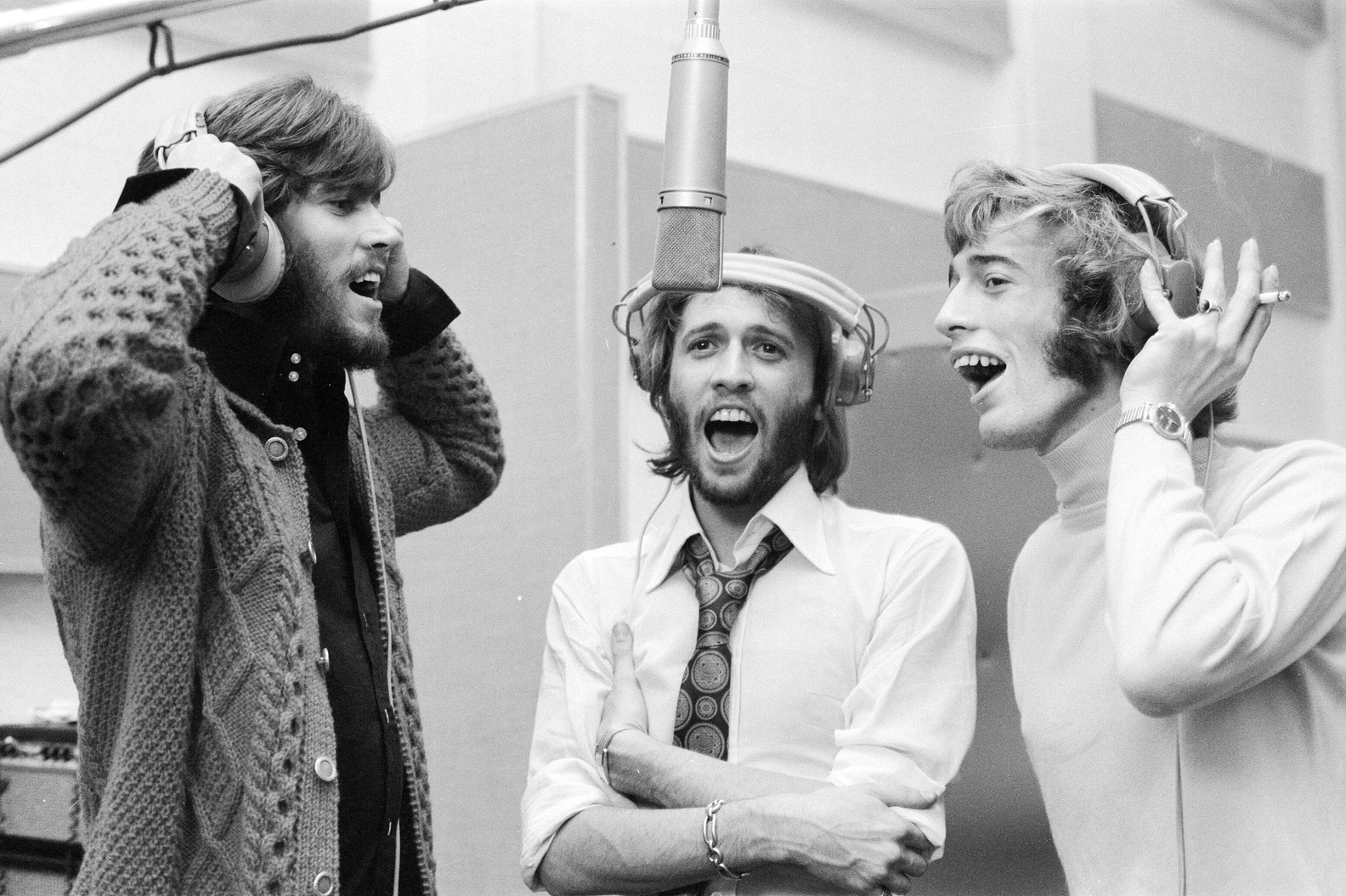 Barry Gibb, Maurice Gibb, Robin Gibb, reunited in the recording studio together at Soho London September 3, 1970