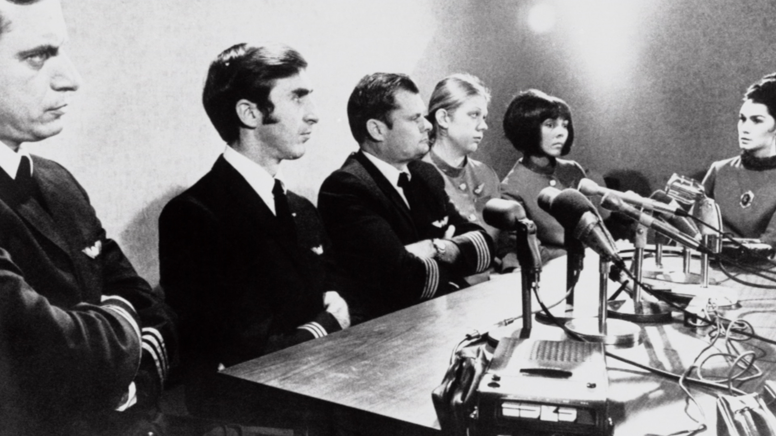 The crew of the hijacked plane, (from left) Second Officer Harold 'Andy' Anderson, Co-Pilot William Rataczak, Pilot William Scott, Stewardesses Tina Mucklow, Florence Schaffner and Alice Hancock.