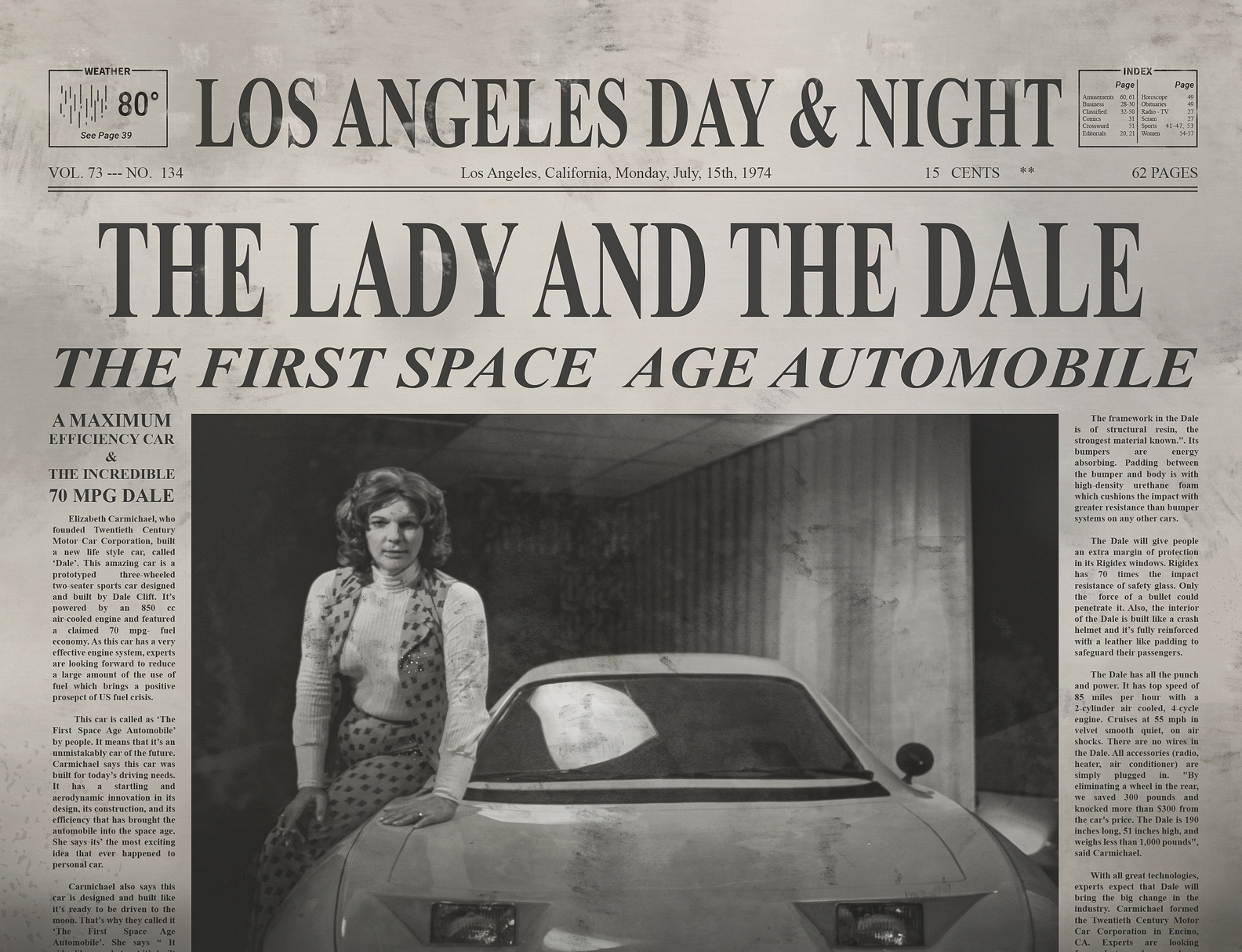 Elizabeth Carmichael posing next to Dale automobile