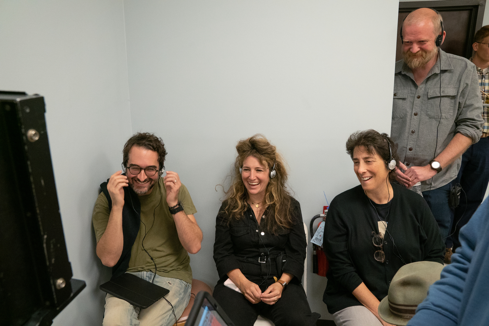 Jay Duplass, Hannah Bos, Carolyn Strauss and Paul Thureen behind the scenes of pilot in 2019