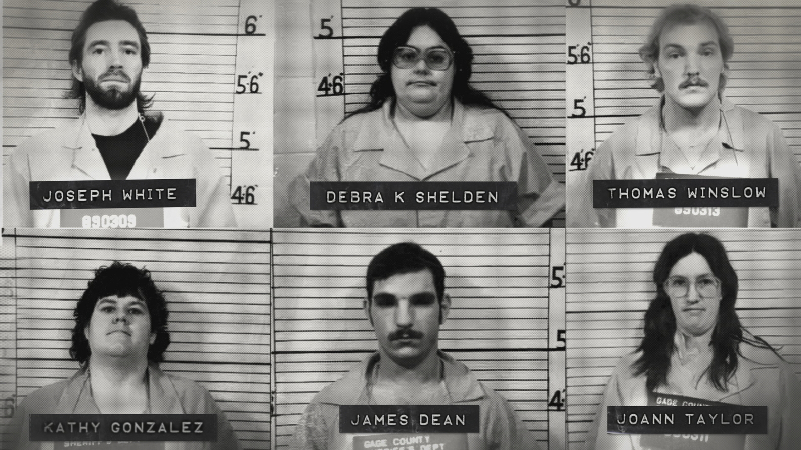 Mugshots of Joseph White, Debra K Shelden, Thomas Winslow, Kathy Gonzalez, James Dean and Joann Taylor