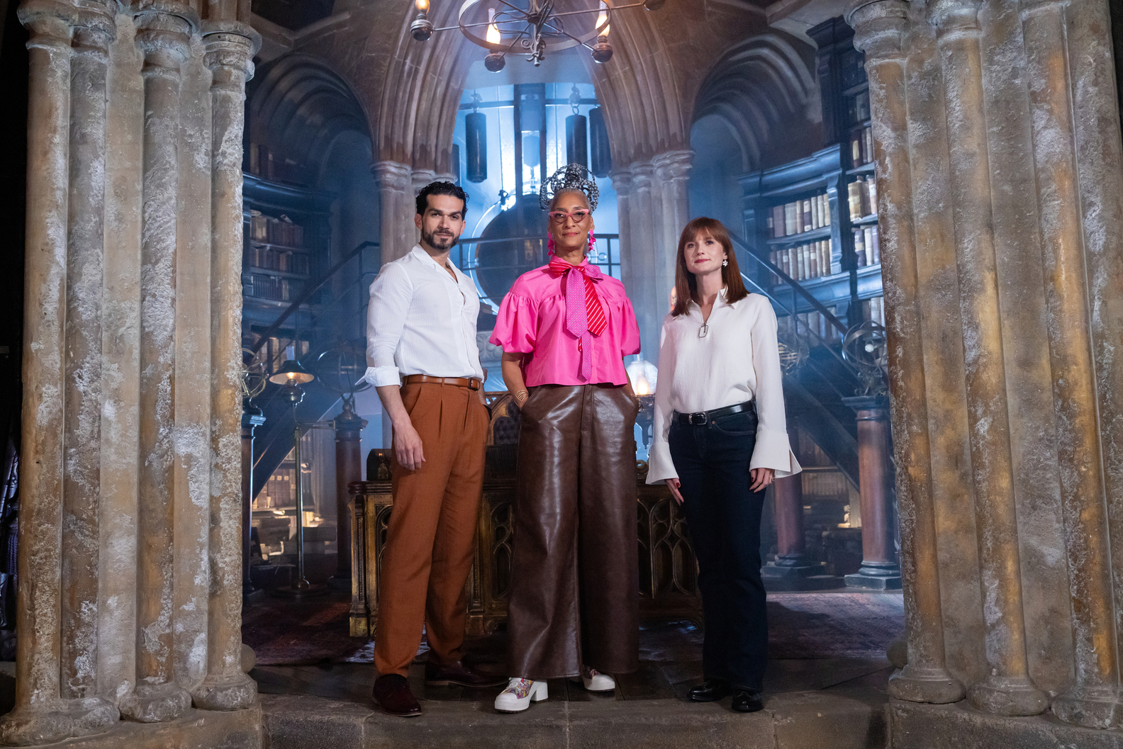 Bonnie Wright (Ginny Weasley) joins judges Jozef Youssef and Carla Hall on the set of Dumbledore's office