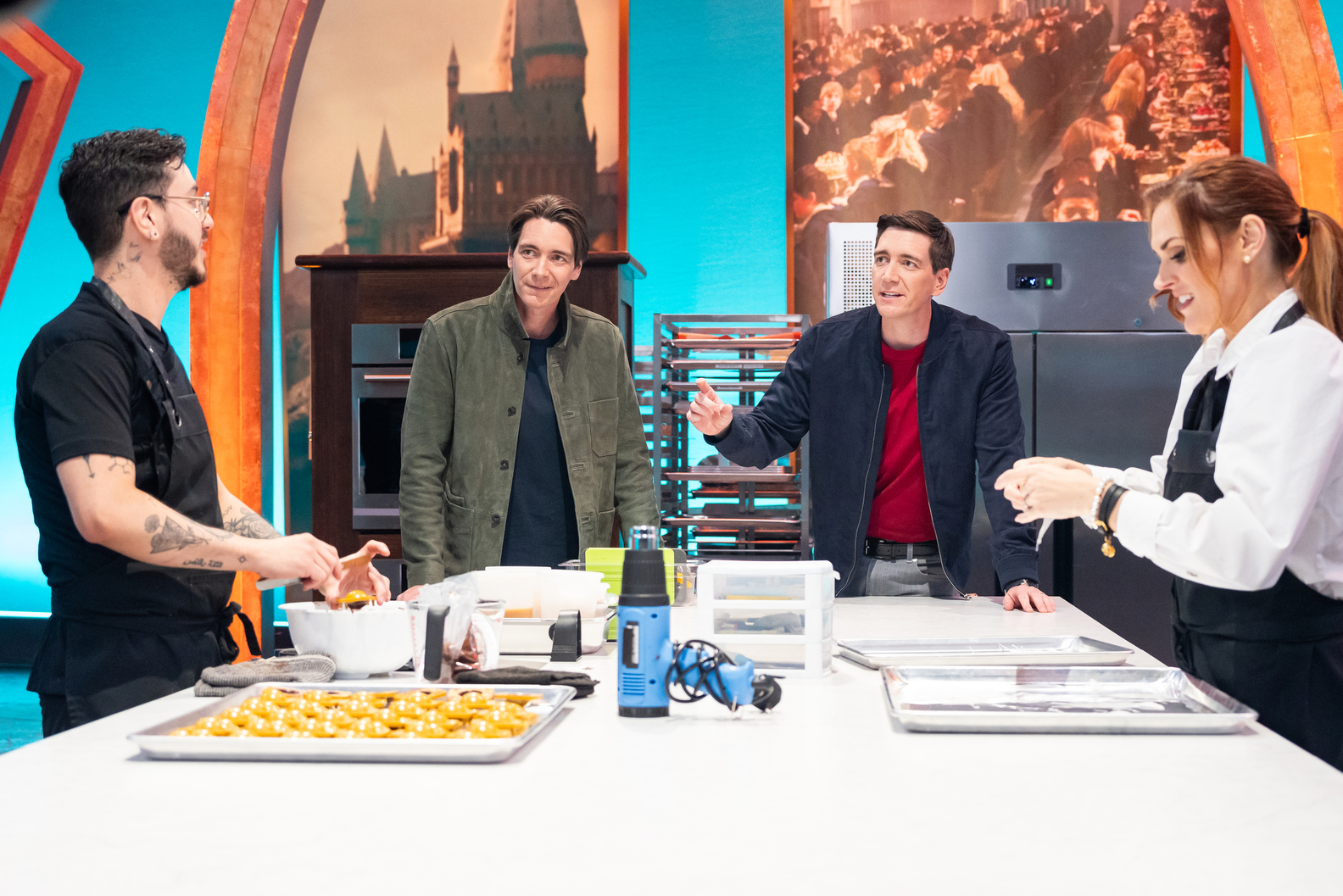 Hosts James and Oliver Phelps chat with competitors Food Network Harry Potter Wizards of Baking
