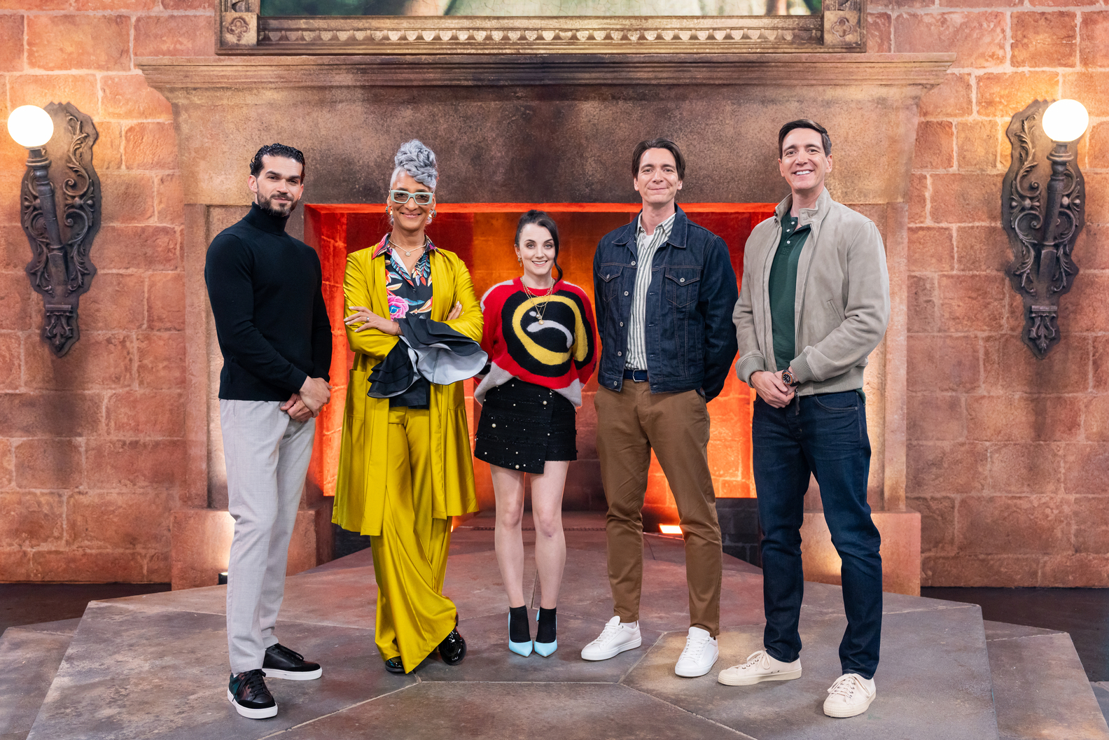Hosts James and Oliver Phelps with Judges Carla Hall Jozef Youssef and Special Guest Evanna Lynch  Food Network Harry Potter Wizards of Baking