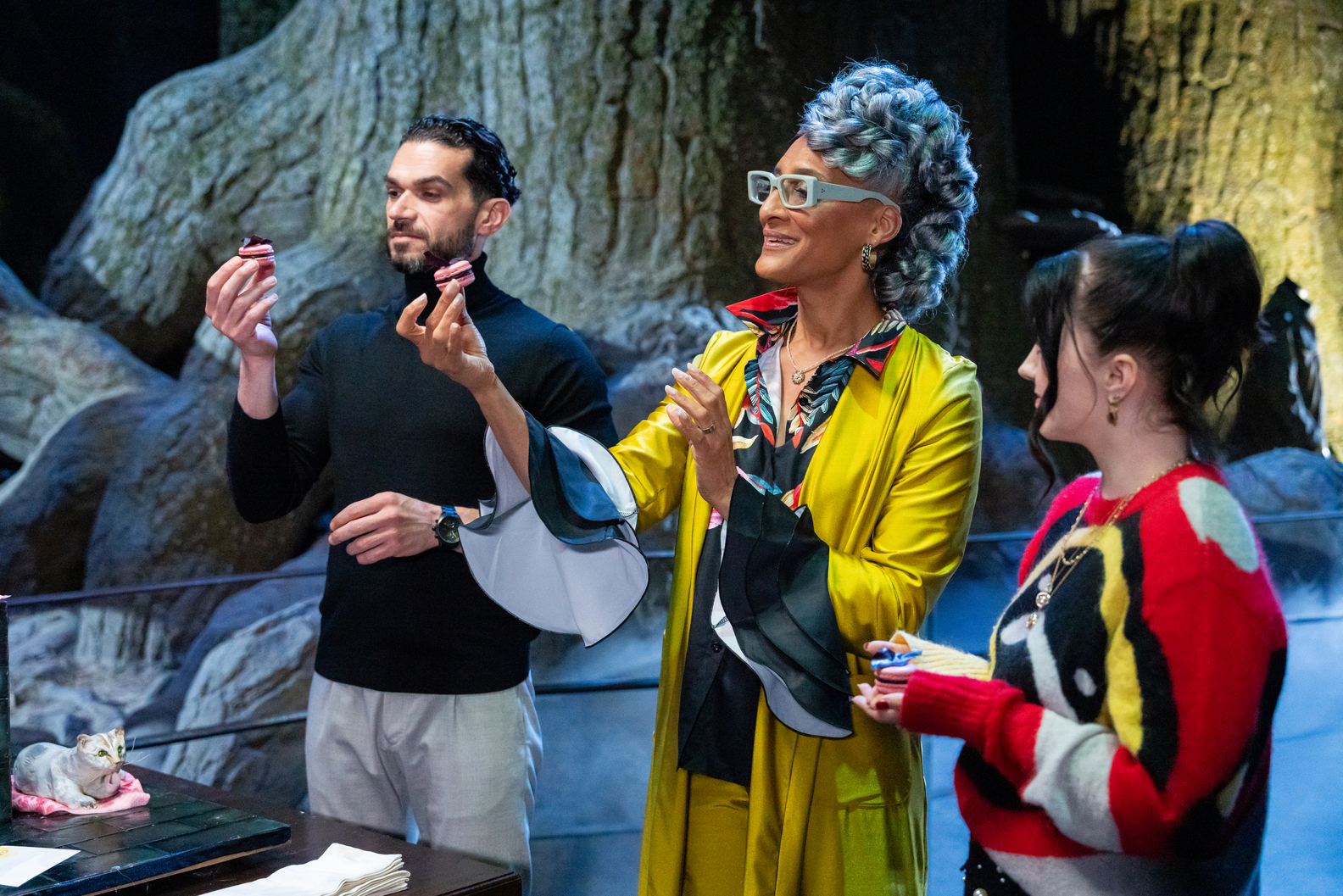 Judges Jozef Youssef, Carla Hall, and Evanna Lynch during the judging in the Forbidden Forest, as seen on Food Network's Harry Potter Wizards of Baking