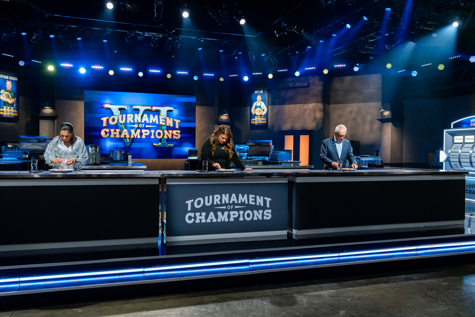 Judges Maneet Chauhan, Alex Guarnaschelli and Wolfgang Puck on Food Network's Tournament of Champions VI 