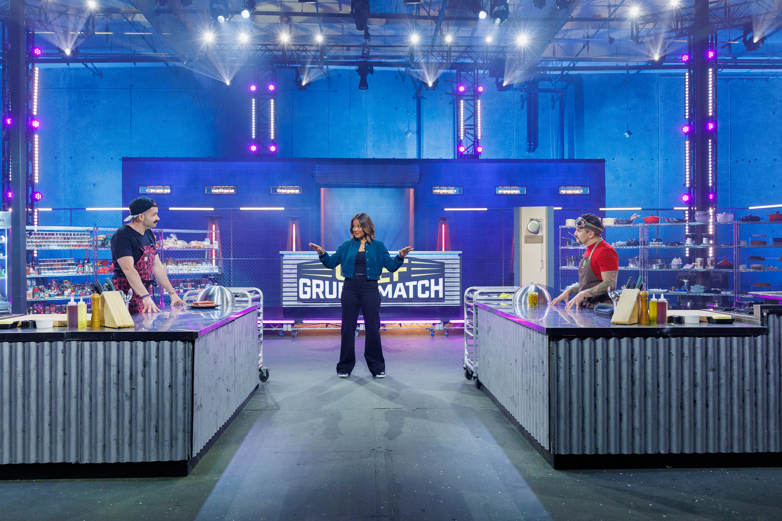 Host Laila Ali and contestants Joe Sasto and Richie Farina go over rules, as seen on Chef Grudge Matchjpeg