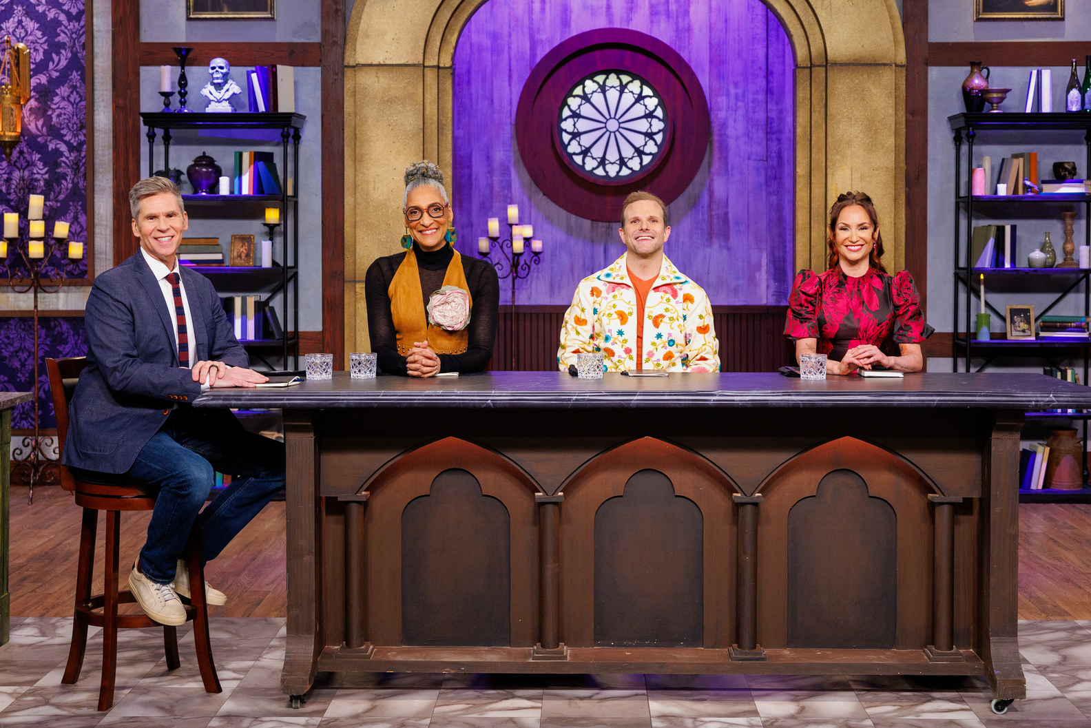 Halloween Baking Championship.(From L to R) John Henson, Carla Hall, Zac Young, and Stephanie Boswell