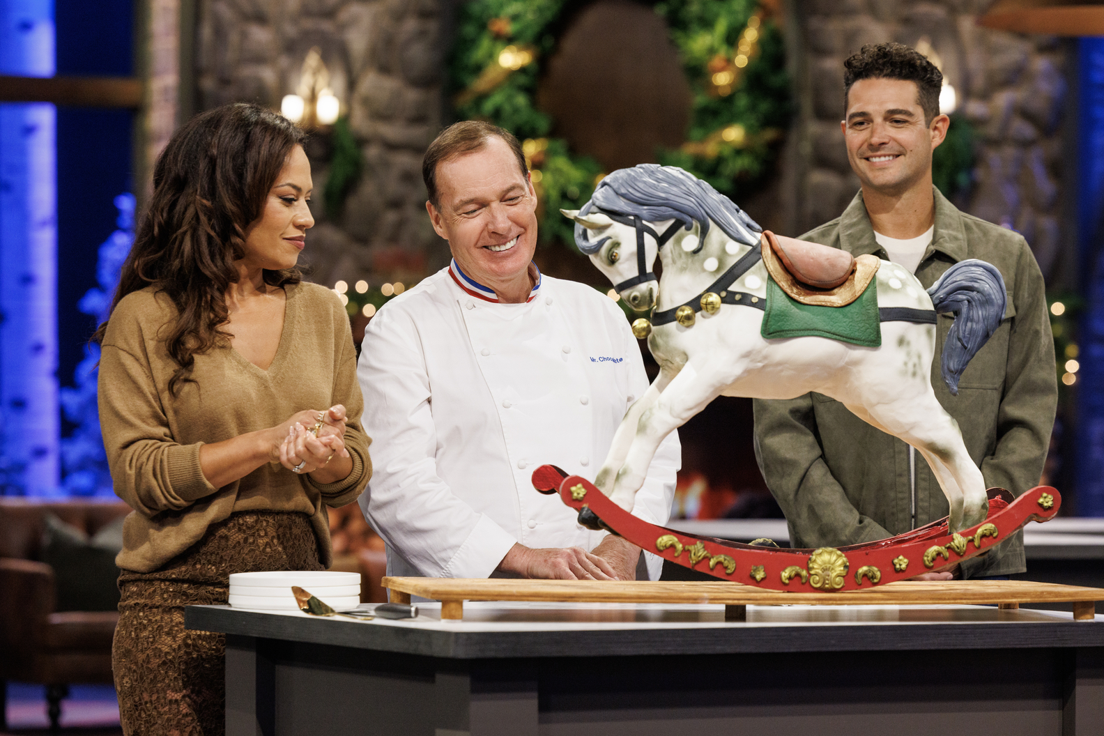 Yolanda Gampp, Jacques Torres, and Wells Adams (L to R). Sweet Empire, courtesy of Food Network.