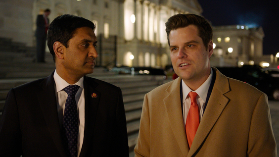 Rep. Ro Khanna (D-CA) and Rep. Matt Gaetz (R-FL) on the steps of the Capitol discussing how they voted on the NDAA