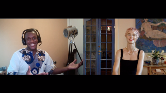 Abubakar Salim and Amanda Collin at the Raised by Wolves Virtual Premiere