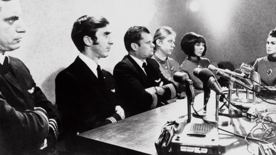 The crew of the hijacked plane, (from left) Second Officer Harold 'Andy' Anderson, Co-Pilot William Rataczak, Pilot William Scott, Stewardesses Tina Mucklow, Florence Schaffner and Alice Hancock.