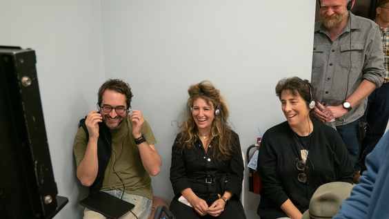 Jay Duplass, Hannah Bos, Carolyn Strauss and Paul Thureen behind the scenes of pilot in 2019