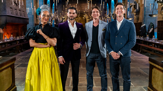 Judges Carla Hall and Jozef Youssef join hosts James and Oliver Phelps in the Great Hall 