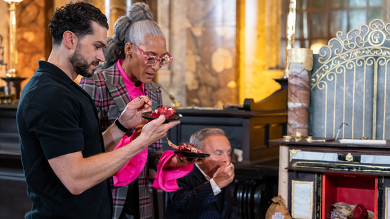 Judges Carla Hall and Jozef Youssef with guest judge Warwick Davis during judging