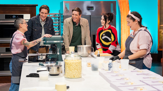 Hosts James and Oliver Phelps and Special Guest Evanna Lynch chat with competitors  Food Network Harry Potter Wizards of Baking