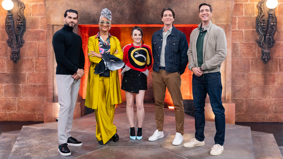 Hosts James and Oliver Phelps with Judges Carla Hall Jozef Youssef and Special Guest Evanna Lynch  Food Network Harry Potter Wizards of Baking