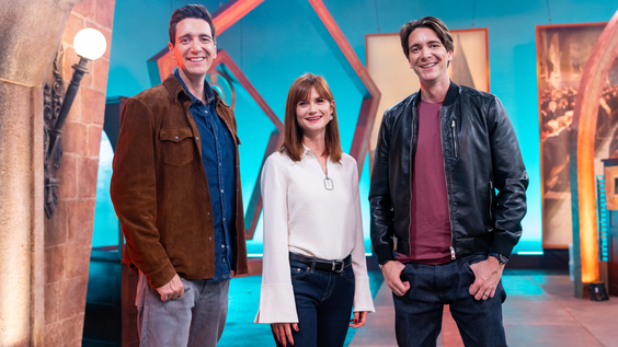 Hosts James and Oliver Phelps with special guest Bonnie Wright on Food Network's Harry Potter Wizards of Baking