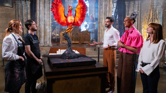 Judges Carla Hall, Jozef Youssef and special guest Bonnie Wright deliver feedback in Dumbledore's Office Food Network Harry potter Wizards of Baking