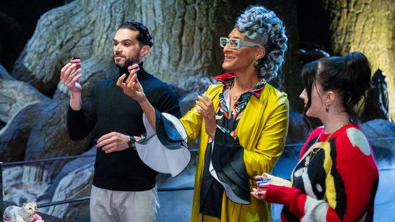 Judges Jozef Youssef, Carla Hall, and Evanna Lynch during the judging in the Forbidden Forest, as seen on Food Network's Harry Potter Wizards of Baking 