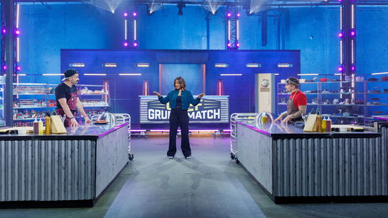 Host Laila Ali and contestants Joe Sasto and Richie Farina go over rules, as seen on Chef Grudge Matchjpeg