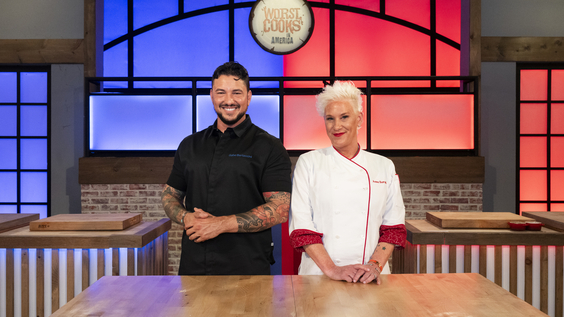 Hosts Anne Burrell and Gabe Bertaccini, as seen on Worst Cooks in America 
