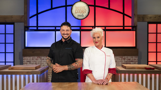 Hosts Anne Burrell and Gabe Bertaccini, as seen on Worst Cooks in America