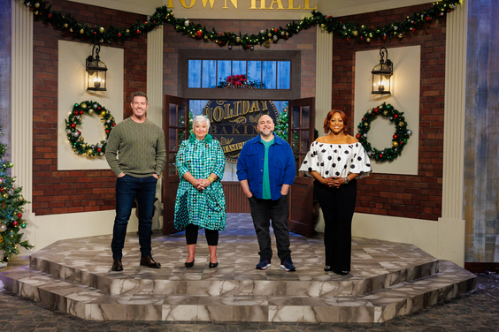Host Jesse Palmer, Judges Nancy Fuller, Duff Goldman and Kardea Brown. Holiday Baking Championship, courtesy of Food Network.