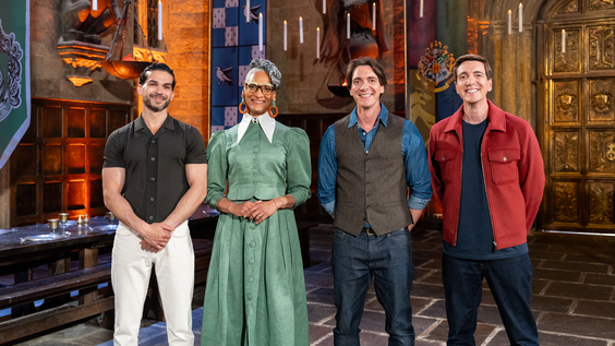 Judges Jozef Youssef and Carla Hall with Hosts James and Oliver Phelps on Food Network's Harry Potter Wizards of Baking