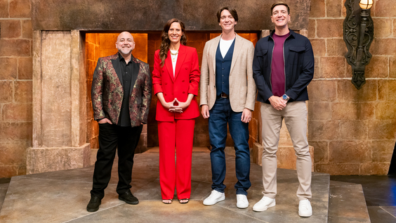 Judges Duff Goldman and Sarah Mountain with hosts James and Oliver Phelps. Harry Potter_ Wizards of Baking S3.