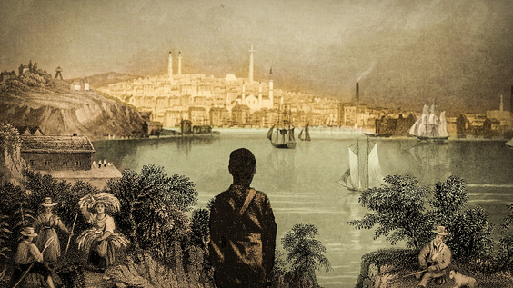 A young Frederick Douglass overlooking Baltimore harbor