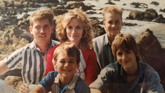 (From back left) Jeff Bisch, Rosanne “Anne” Bisch, Dustin Lance Black; (From front left) Todd Black, Marcus Black