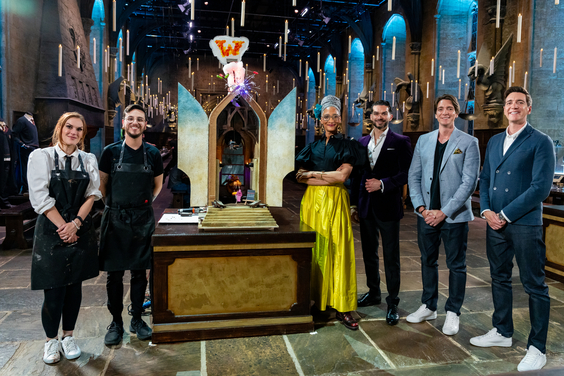 Competitors Elizabeth Rowe and Juan Gutierrez with judges Carla Hall and Jozef Youssef and hosts James and Oliver Phelps