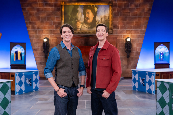 Hosts James Phelps and Oliver Phelps on the set of Food Network's Harry Potter Wizards of Baking - Season 2