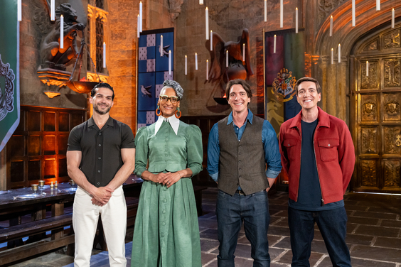 Judges Jozef Youssef and Carla Hall with Hosts James and Oliver Phelps on Food Network's Harry Potter Wizards of Baking Season 2
