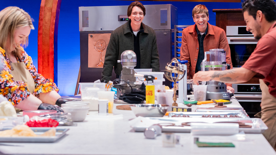 Hosts James and Oliver Phelps with contestants Jenny Chambers and Alex Madrigal