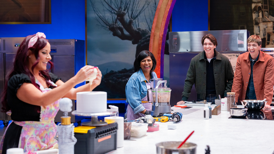 Hosts James and Oliver Phelps with contestants Molly Robbins and Priya Winsor
