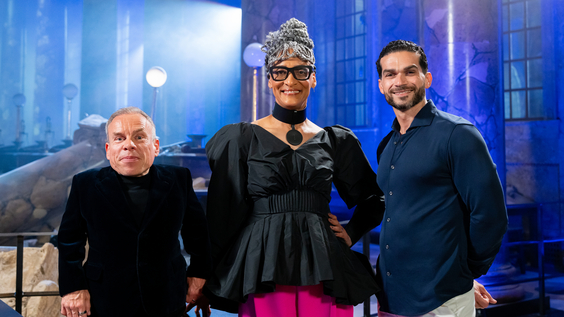 Judge Carla Hall and judge Jozef Youssef and guest judge Warwick Davis