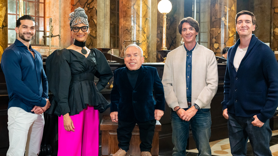 Judge Carla Hall and judge Jozef Youssef with hosts James and Oliver Phelps and guest judge Warwick Davis