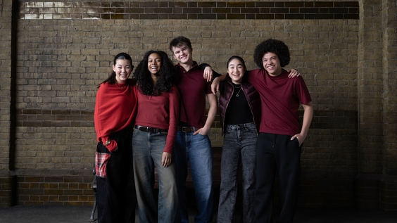 Gryffindor (left to right): Eire Farrell (Katie Bell), Asha Soetan (Angelina Johnson), Orson Matthews (Oliver Wood), Serrana Su-Ling Bliss (Alicia Spinnet), Ethan Smith (Lee Jordan)