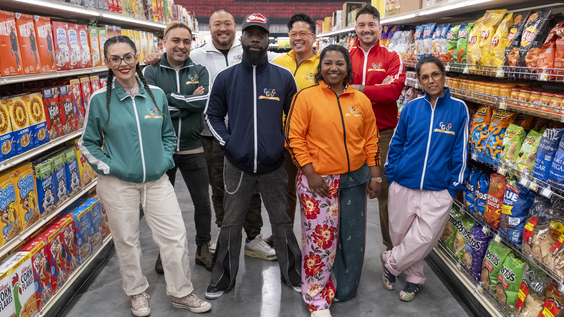 Contestants Claudette Zepeda, David Viana, Kevin Lee, Tobias Dorzon, Viet Pham, Aarthi Sampath, Gabe Bertaccini, and Einat Admony, as seen on Guy's Grocery Games